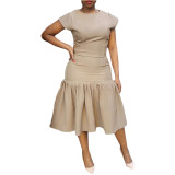 Apricot Short Sleeve Pleated Dress