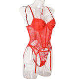 Red Lace Mesh See-Through Sexy 2PCS Lingerie Set