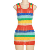 Sexy Hollow Knitting Contrast Color Sleeveless Bodycon Dress