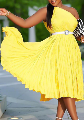 Solid One Shoulder Pleated Long Dress with Belt