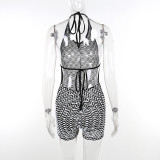 Halter Neck Contrast Striped Backless Tight Sexy Rompers