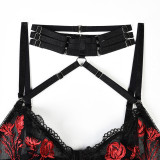 Floral Embroidery Mesh Patchwork Halter Neck 4PCS Sexy Lingerie