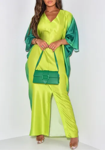 Gradient Print V-Neck Slit Front Long Loose Dress