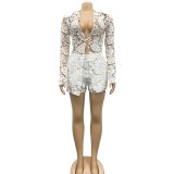 Sexy Hollow Solid Long-Sleeve Lace Shirt and Shorts 2PCS Set