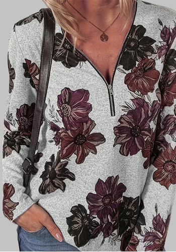 Plus Size Floral Print Zipper Long Sleeve T-shirt