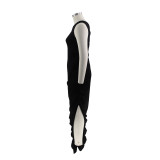 Plus Size Solid One Shoulder Irregular Slit Ruched Maxi Dress