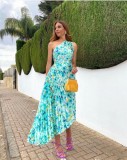 Print Slash Shoulder Floral Irregular Pleated Maxi Dress