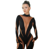 Sexy Mesh Patchwork High Waist Long Sleeve Bodysuit