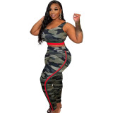 Camo Print Contrast Casual 2PCS Set Cropped Tank Top and Pants