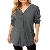 Gray V-Neck Long Sleeve Plus Size Hooded Top