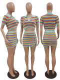 Fashion Short Sleeve Striped Sexy Knitting 2PCS Skirt Set