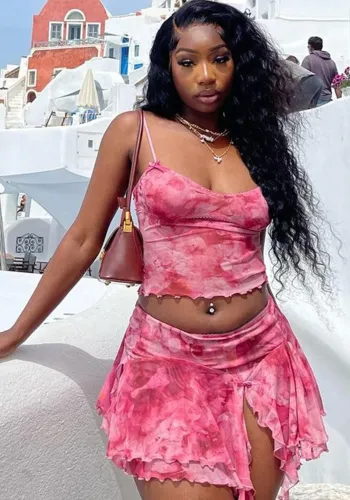 Print Pink Mesh Cami Top and Slit Skirt 2-Piece Set