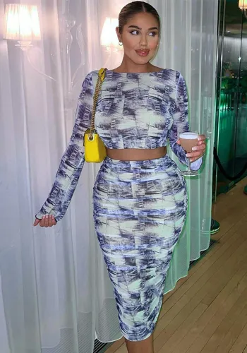 Wholesale Print Open Back Long Sleeve Crop Top Slim Pleated Midi Skirt Set