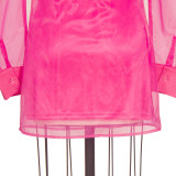 Hot Pink Organza Puff Sleeve Shirt Cami Basic Dress Two-Piece Set
