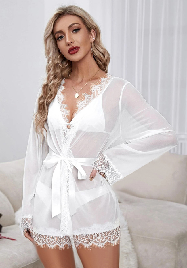 Sexy White Mesh Lace Trim Robe Dress Nightdress with Pantie