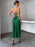 Green Satin Straps Long Party Dress