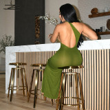 Green Sexy Backless Slash Shoulder Maxi Dress