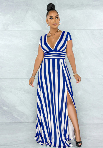 Short Sleeve Striped Slit Maxi Dress