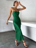 Green Satin Straps Long Party Dress