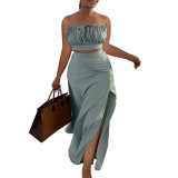 Sexy Ruched Bandeau Top Slit Maxi Skirt 2-Piece Set