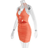 Sexy Orange V-neck Halter Sleeveless Cutout Ruched Tie Bodycon Dress