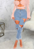 Womens Jeans Slim Fit Ripped Holes Stretch Denim Pants