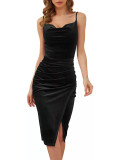 Ladies Chic Slit Ruched Velvet Cami Party Dress