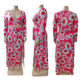 Plus Size Floral Print 2PCS Set V neck Long Sleeve Crop Top and Split Long Skirt