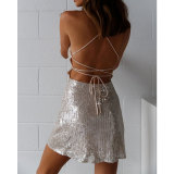 Sexy Lace Up Backless Sequin Cami Short Dress