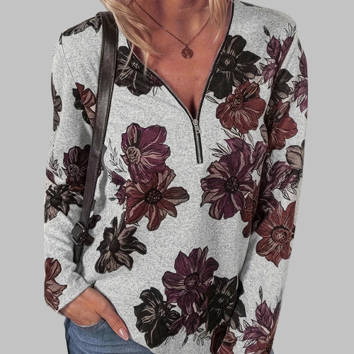 Plus Size Floral Print Zipper Long Sleeve T-shirt