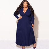 Plus Size V-Neck Tie Waist Solid Long Sleeve Pleated Skirt