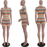 Casual Striped Knitting High Waist Shorts Set