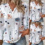 Print Floral Lace Trim Long-sleeve V-neck Shirt