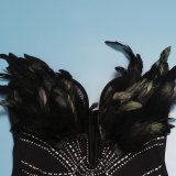 Sexy Feather Trim Rhinestone See Through Deep-V Strapless Jumpsuit