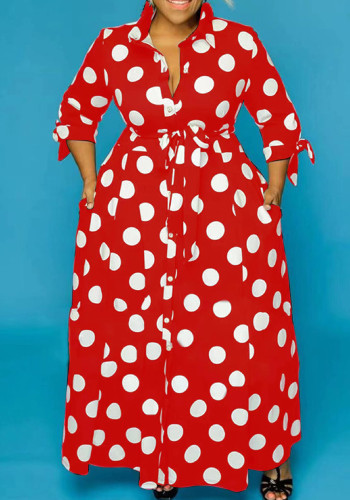 Plus Size Red Polka Dot Button Up Maxi Shirt Dress