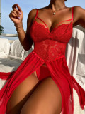 Red Sexy Mesh Lace Patchwork Straps Babydoll Lingerie Sleeping Dress