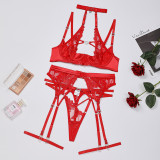 Heart Embroidery Rhinestone Trim Sexy Hollowed Halter Garter Lingerie Set