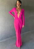 Sexy Two Way Solid V Neck Ruched Details Long Sleeve Maxi Dress