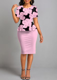 Floral Print Bodice Short Sleeve Round Neck Office Dress