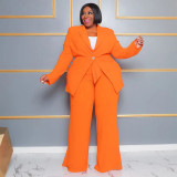 Plus Size Fashion Career Long Sleeve Blazer Belted Trousers 2-Piece Set