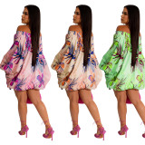 Ladies Sexy Floral Print Off Shoulder Loose Short Casual Dress