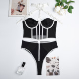 Mesh Patchwork Metal Trim Halter Neck Strappy Sexy lingerie set