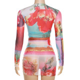 Print Long Sleeve Mesh Top High Waist Drawstring Bodycon Skirt 2PCS Set