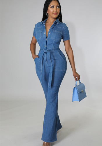 Stylish Sexy Short Sleeve Denim Flare Jumpsuit