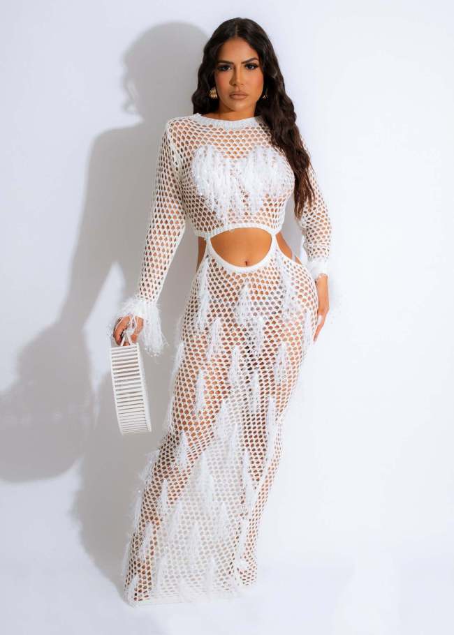 Tassel Knitting Hollow Out Sexy Sequin Maxi Beach Dress