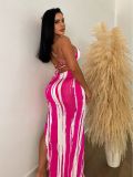 Hot Pink Print Low Back Maxi Dress