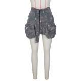 Vintage Camo Slim Waist Pocket Cargo Skirt with Belt