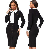 Black and White Long Sleeve Career Midi Dress