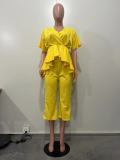 Yellow Suit High Low V-Neck Top Wide-leg Cropped Pants