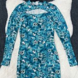 Elegant High Neck Long Sleeve Cutout Slit Back Printed Slim Maxi Dress